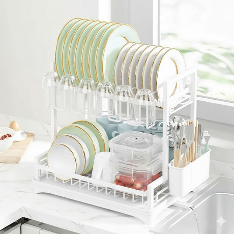 CARLA HOME Dish Drying Rack 2-Tier Kitchen Drainer with Drainboard (White)-2050057499847036928