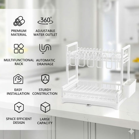 CARLA HOME Dish Drying Rack 2-Tier Kitchen Drainer with Drainboard (White)-2050057499847036930