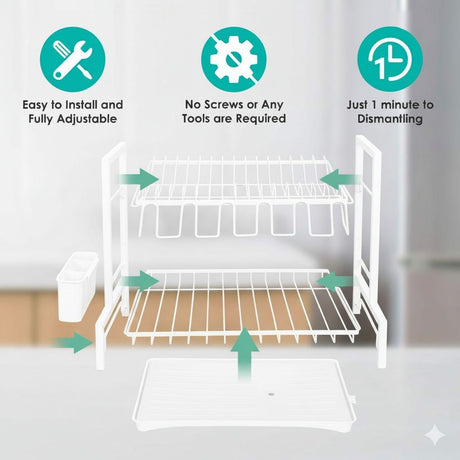 CARLA HOME Dish Drying Rack 2-Tier Kitchen Drainer with Drainboard (White)-2050057499847036932