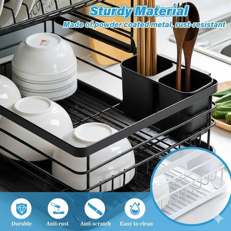 CARLA HOME 2-Tier Dish Drying Rack for Kitchen Counter with Removable Drip Tray, Utensil Holder and Cutlery Organizer (Black)-2050057500035780611