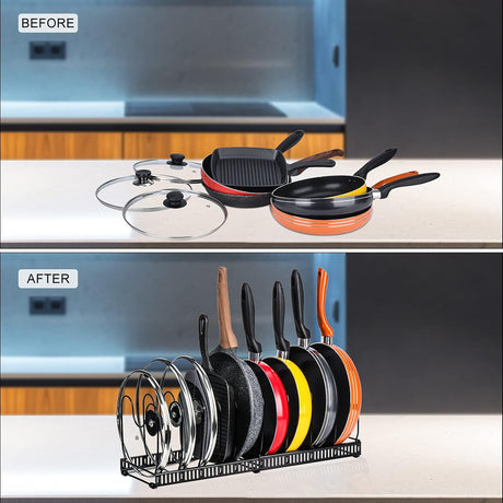 CARLA HOME Expandable Pot and Pan Organizer Rack for Cabinet with 10 Adjustable Dividers, Lid & Cookware Holder for Kitchen Pantry or Countertop Storage-2050057500530708484