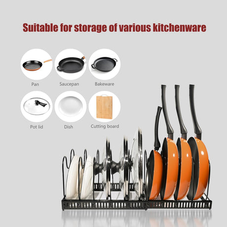 CARLA HOME Expandable Pot and Pan Organizer Rack for Cabinet with 10 Adjustable Dividers, Lid & Cookware Holder for Kitchen Pantry or Countertop Storage-2050057500530708485
