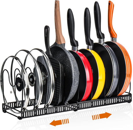 CARLA HOME Expandable Pot and Pan Organizer Rack for Cabinet with 10 Adjustable Dividers, Lid & Cookware Holder for Kitchen Pantry or Countertop Storage-2050057500530708486
