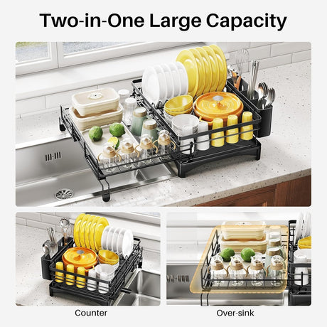 CARLA HOME Expandable Dish Drying Rack with Drainage Spout, Utensil Holder & Drainboardfor Kitchen Countertop Organizer (1 tier)-2050057501034024962