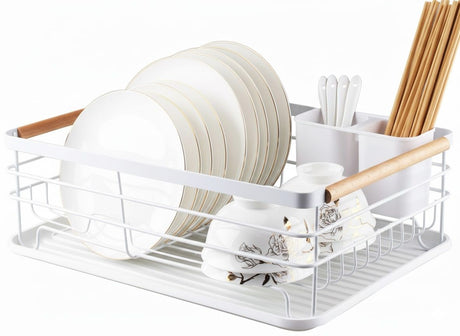 CARLA HOME Dish Drying Rack with Wooden Handles, Removable Cutlery Holder & Drainboard for Kitchen Countertop-2050057509250666496