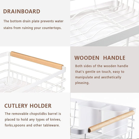 CARLA HOME Dish Drying Rack with Wooden Handles, Removable Cutlery Holder & Drainboard for Kitchen Countertop-2050057509250666498