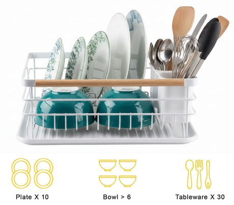 CARLA HOME Dish Drying Rack with Wooden Handles, Removable Cutlery Holder & Drainboard for Kitchen Countertop-2050057509250666500