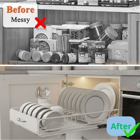 CARLA HOME Pull Out Dish Rack for Kitchen Cabinet with Slide Out Drawer Organizer for Plates, Bowls & Utensils-2050057509703651332