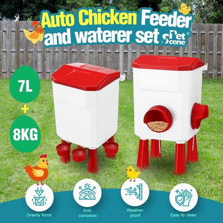CARLA HOME Automatic Chicken Feeder Waterer Set with 8KG Food 7L Water Capacity for Coop, Chickens, Ducks, Quails (Red)-2050057513818263554