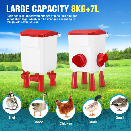 CARLA HOME Automatic Chicken Feeder Waterer Set with 8KG Food 7L Water Capacity for Coop, Chickens, Ducks, Quails (Red)-2050057513818263558
