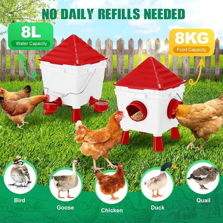 CARLA HOME Chicken Feeder Waterer Set, Automatic Gravity Dispenser with 8KG Food & 8L Water Capacity, 4 Ports & Cups, Clean Poultry Feeding for Coop, Duck, Quail, Hen-2050057514128642051