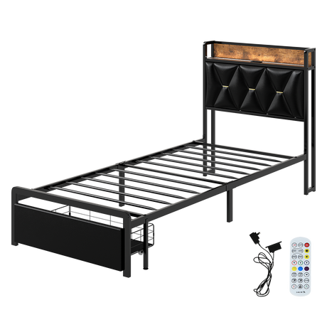 Levede Single Bed Frame Leather Headboard RGB 2 Drawers-2050056739788820488