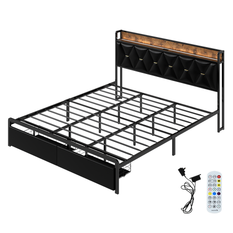 Levede King Bed Frame Leather Headboard RGB 2 Drawers-2050056739612659720