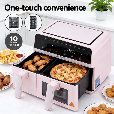 Devanti Air Fryer 9L Dual Zone Fryers 2600W Pink