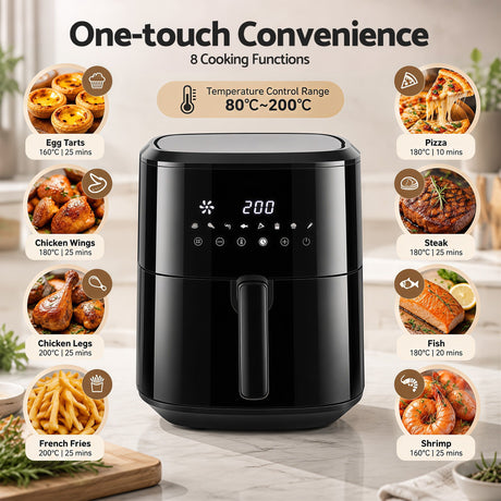 Devanti Air Fryer 6.5L 1700W Digital Touch 8 Presets Non-Stick Basket Black