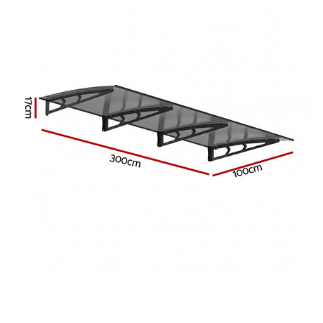 Instahut Window Door Awning Canopy 1m x 3m Grey Solid Sheet Metal Frame