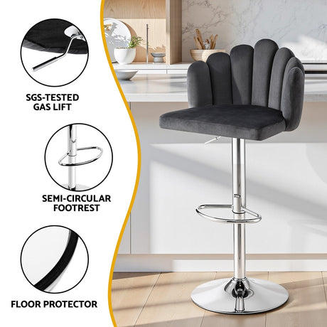 Artiss Bar Stool X2 Kitchen Dining Counter Gaslift Chair Adjustable Velvet Grey