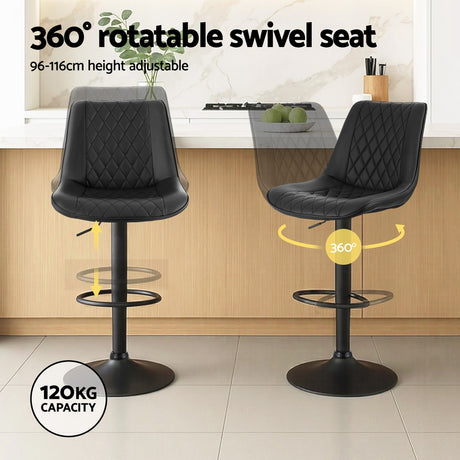 Artiss 4x Bar Stools Kitchen Swivel Gas Lift Counter Chair Diamond Leather Black