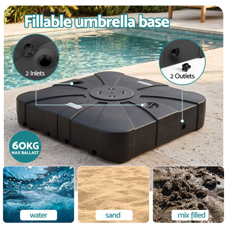 Instahut Outdoor Umbrella Base 2 Fillable 60kg Cantilever Umbrella Base with Wheels 84cm