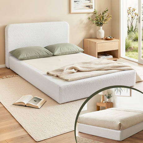 Artiss Compression Bed Frame Double Size No Assembly Vacuum High Density Sponge Boucle Cream White