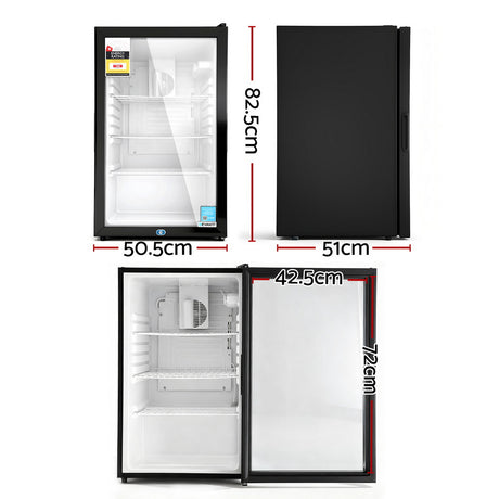 Devanti 105L Bar Fridge Glass Door Mini Fridge Countertop Cooler Black