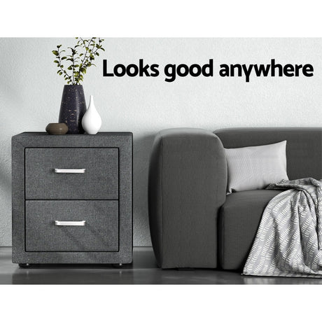 Artiss 2X Bedside Table 2 Drawers Side Table Fabric - CADEN Grey