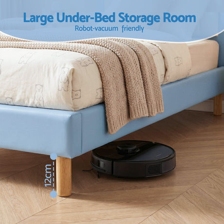 Artiss Kids King Single Bed Frame Upholstered Bear Headboard Waterproof Leather Boys Bed 180kg Capacity Blue and White