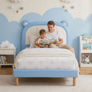 Artiss Kids King Single Bed Frame Upholstered Bear Headboard Waterproof Leather Boys Bed 180kg Capacity Blue and White