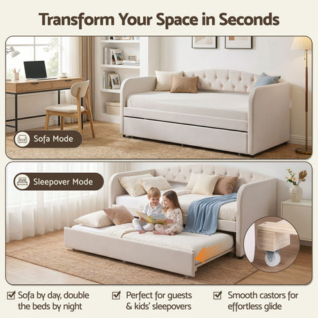 Artiss King Single Daybed Velvet Trundle Bed Frame Tufted Guest Bed
