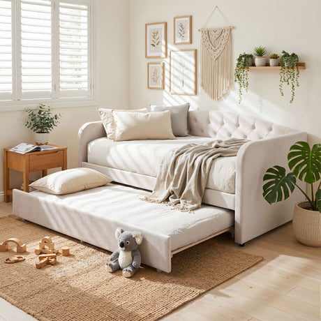 Artiss King Single Daybed Velvet Trundle Bed Frame Tufted Guest Bed