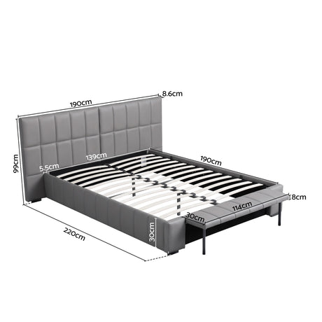 Artiss Double Size Upholstered Gas Lift Bed Frame with Foldable Bench PVC Leather Platform Bed with Storage