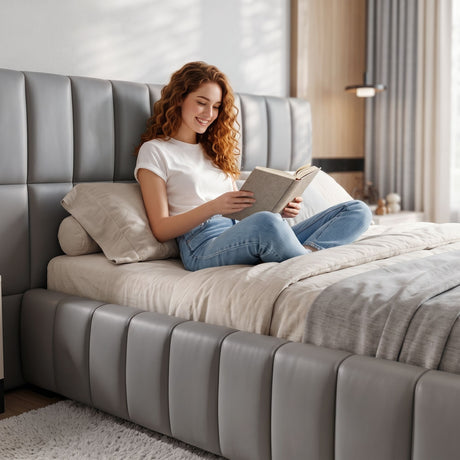 Artiss Queen Size Upholstered Gas Lift Bed Frame with Foldable Bench PVC Leather Platform Bed with Storage