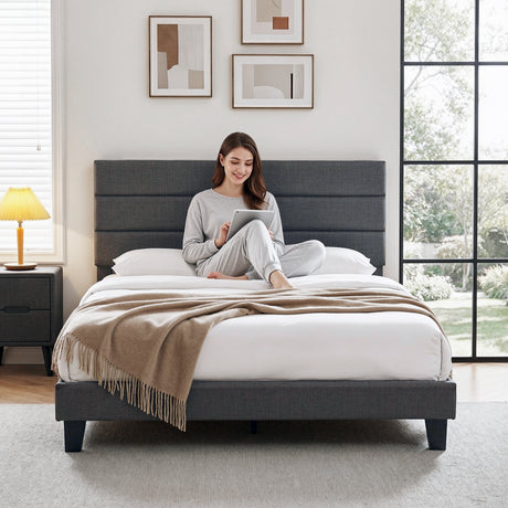 Artiss Double Bed Frame Upholstered Platform Base with Geometric Headboard Charcoal Grey Linen Wood Slats for Modern Bedroom Furniture Home Decor