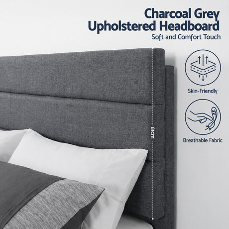 Artiss Double Bed Frame Upholstered Platform Base with Geometric Headboard Charcoal Grey Linen Wood Slats for Modern Bedroom Furniture Home Decor