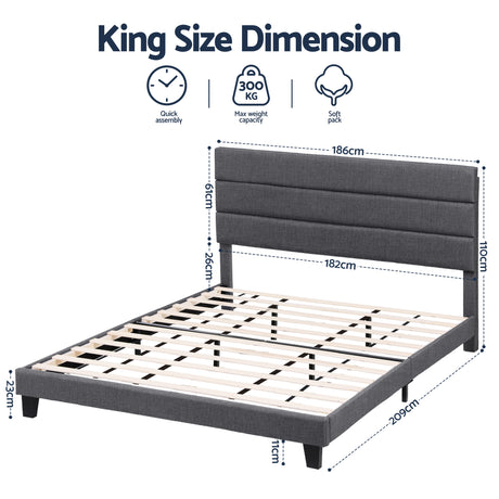 Artiss King Bed Frame Upholstered Platform Base with Geometric Headboard Charcoal Grey Linen Wood Slats for Modern Bedroom Furniture Home Decor