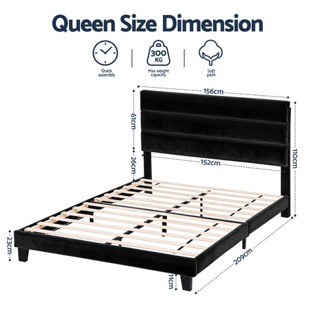 Artiss Queen Bed Frame Upholstered Platform Base with Geometric Headboard Black Velvet