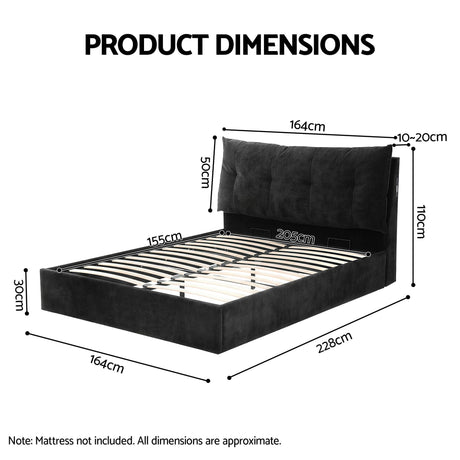 Artiss Queen Bed Frame with Horizontal Gas Lift Storage with LED Light USB Type-C Charging Station Black Velvet