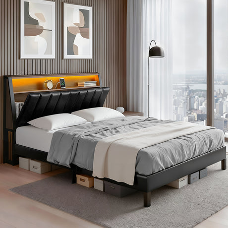 Artiss Double Bed Frame LED Storage Headboard with Charging Station Black