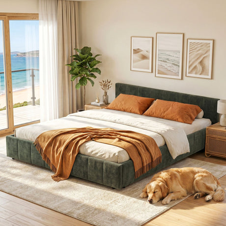 Artiss Queen Bed Frame Chenille Heavy Duty Platform Base Green 300kg Support No Box Spring Needed