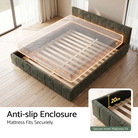 Artiss Queen Bed Frame Chenille Heavy Duty Platform Base Green 300kg Support No Box Spring Needed