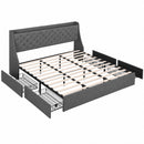 Artiss King Bed Frame with 4 Storage Drawers and Charging Station Tufted Wingback Headboard 300kg Loads Charcoal Grey