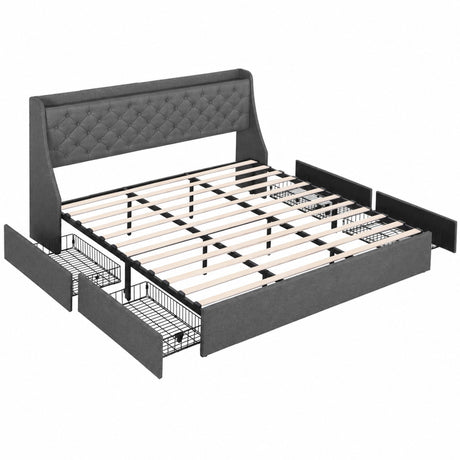 Artiss King Bed Frame with 4 Storage Drawers and Charging Station Tufted Wingback Headboard 300kg Loads Charcoal Grey