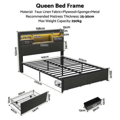 Artiss Queen Bed Frame with Storage Drawers & Headboard, 2 Drawer, USB, LED