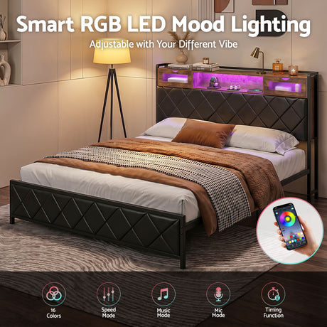 Artiss King Bed Frame with LED Lights and Storage Headboard Charging Station