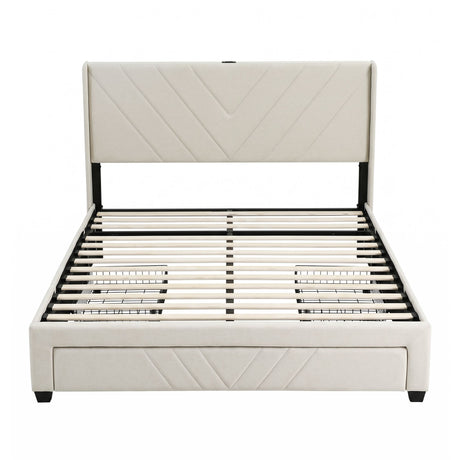 Artiss Double Bed Frame with Charging Station and Storage Drawers Beige 300KG Noise Free