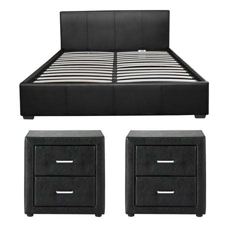 Artiss Gas Lift Queen Bed Frame and 2 Bedside Table Set Leather Black