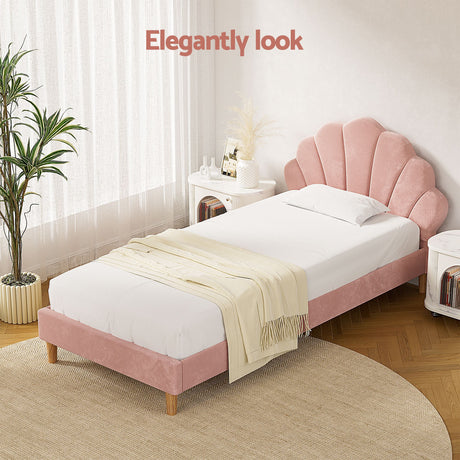 Artiss King Single Bed Frame BedStory Mattress Set Pink Velvet Scallop Bedhead with 20cm Mattress