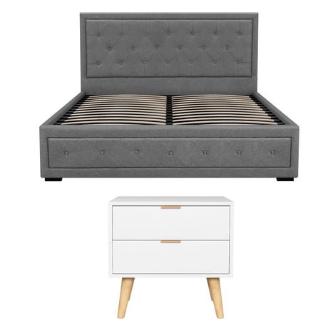 Artiss Upholstered Queen Gas Lift Storage Bed Frame with 2-Drawer Bedside Table Set