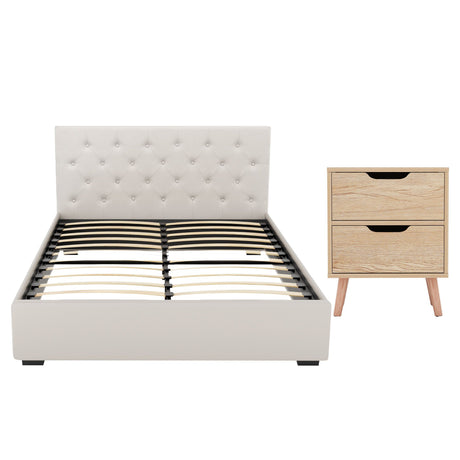 Artiss Double Bed Frame with Storage and Bedside Table Set Tufted Linen Gas Lift Bed Base and 2-Drawer Nightstand