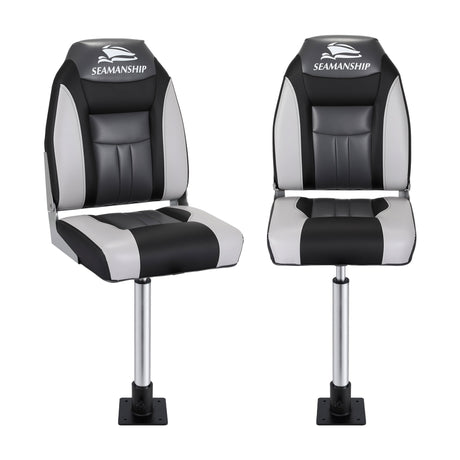 Seamanship 2X Folding Boat Seats with 2X Adjustable Pedestals 55–75cm Marine Seat Swivel High Back 12cm Padding Black